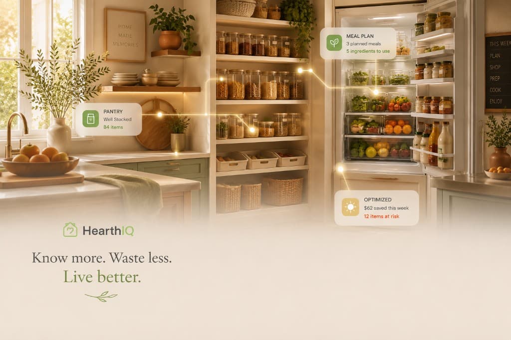 HearthIQ smart kitchen with pantry, fridge, and meal planning overlays
